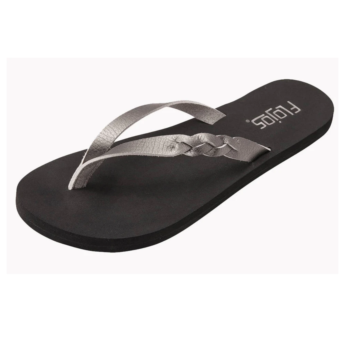 The FLOJOS SERENITY PEWTER flip-flop features a braided silver strap and a logo on the footbed, available as a single sandal in black. Main image