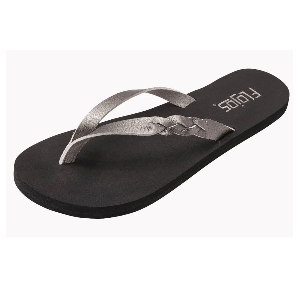 The FLOJOS SERENITY PEWTER flip-flop features a braided silver strap and a logo on the footbed, available as a single sandal in black.