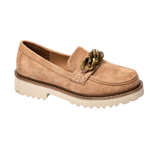 A fashion-forward shoe lover's dream, the Literally Lug Sole Loafer in Camel Faux Suede by CORKY'S FOOTWEAR INC features a chunky gold chain ornament and a thick white rubber sole. Perfect for elevating your casual wardrobe with effortless style.