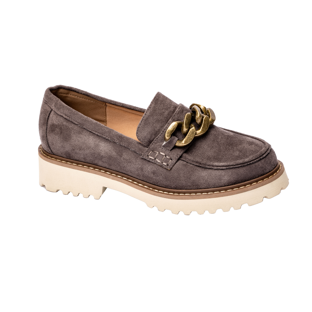 CORKY'S FOOTWEAR INC presents the Literally Light Grey Faux Suede Lug Sole Loafer, featuring a chunky gold chain detail on the overlapping strap and a thick light beige rubber sole.