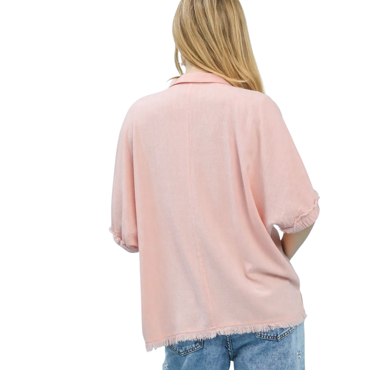 Linen Frayed Edge Split Neck Short Sleeve Top Secondary image
