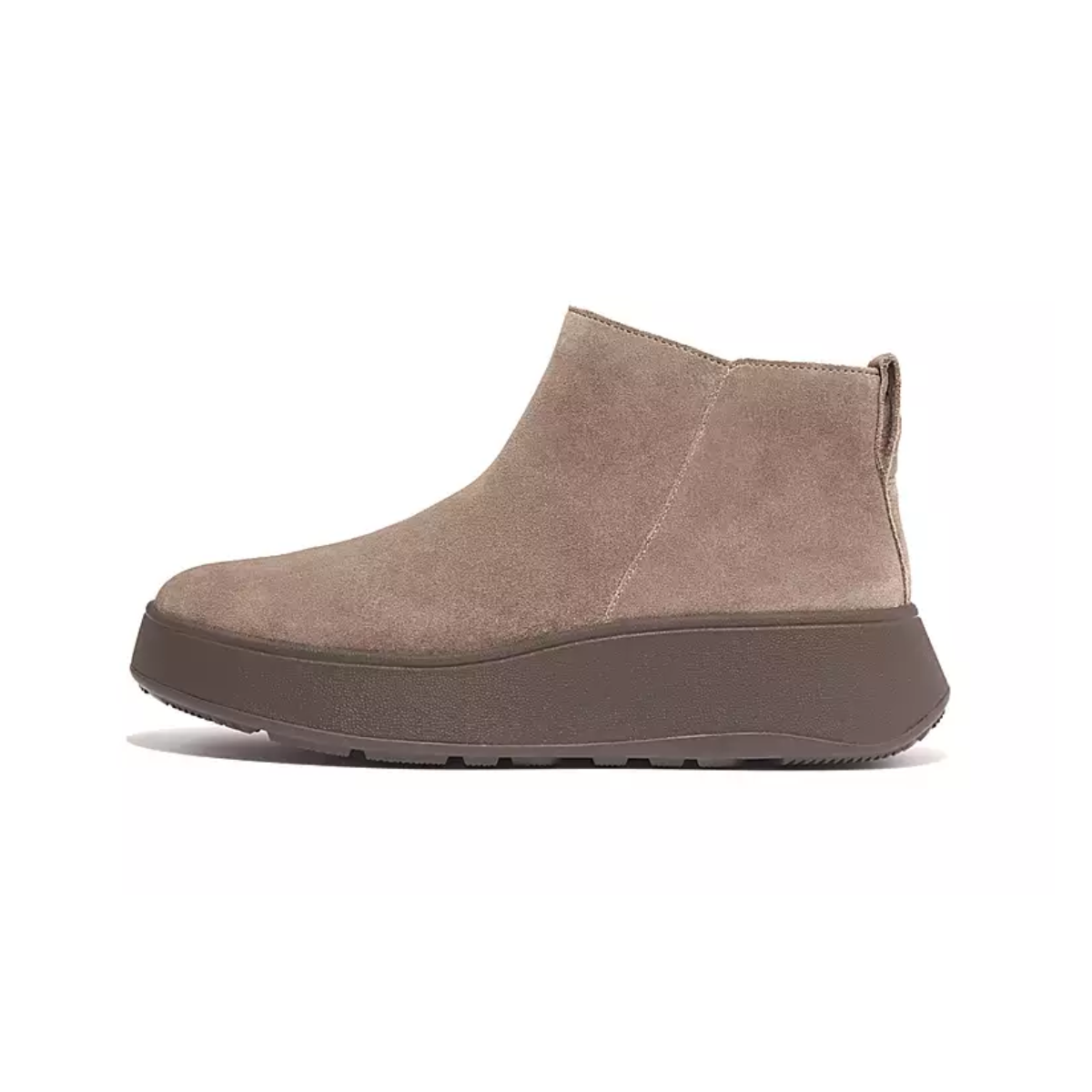 Side view of a single Minky Grey, butter-soft suede F-MODE Flatform Zip Ankle Boot by FITFLOP USA LLC, featuring a thick, textured sole and Microwobbleboard midsole.