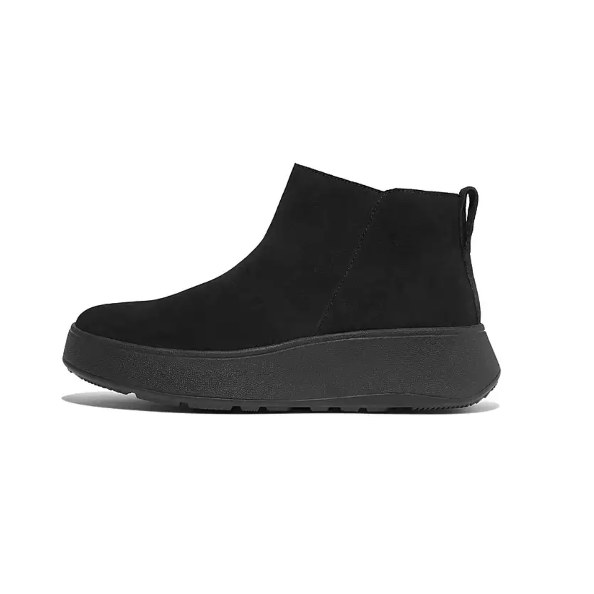 Side view of the F-MODE Suede Flatform Zip Ankle Boots in Black by FIT FLOPS, featuring a thick sole, Microwobbleboard midsole for ergonomic comfort, and a pull tab on the back.