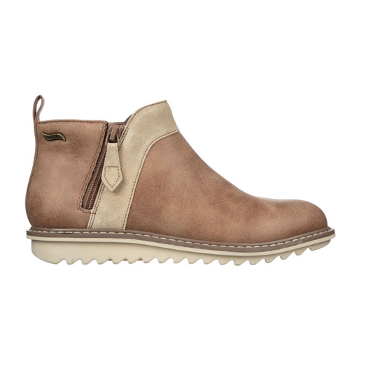 Side view of the Arch Fit Mojave Boot in Mushroom by Skechers, a brown ankle boot with a side zipper, beige accents, textured beige sole, cushioned insole, and pull tab at the back.