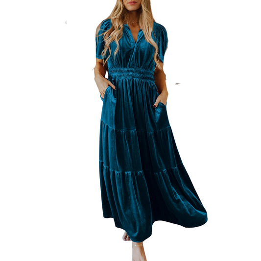 Prussian Blue Velvet Short Sleeve Shirred Waist Tiered Maxi Dress