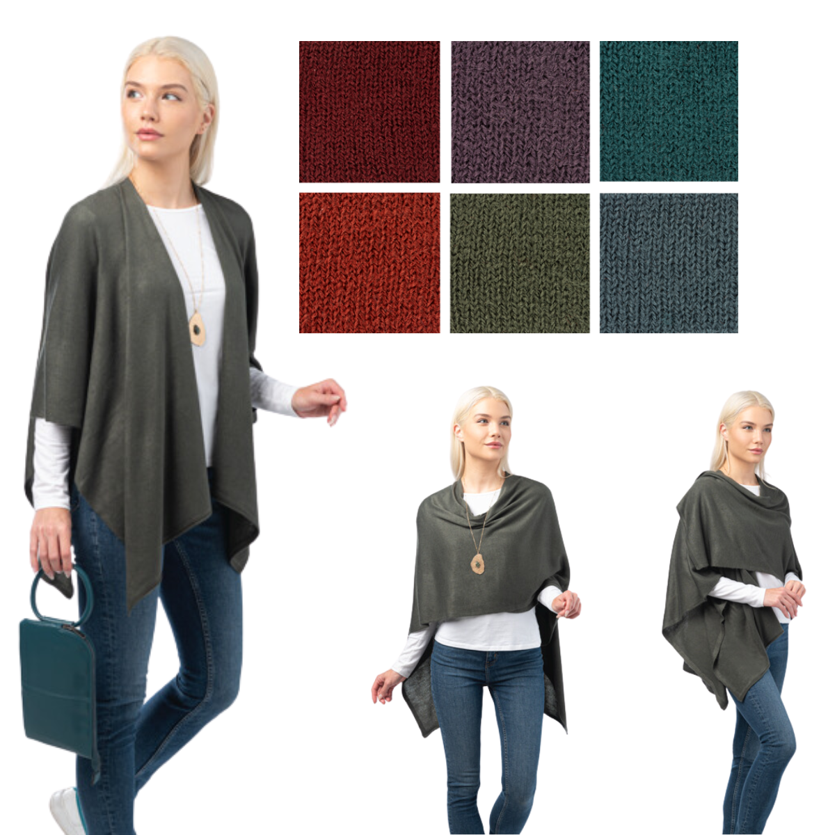 A woman wearing a gray Cardi Wrap by Ganz Inc over a white top and blue jeans is carrying a blue handbag. In the background, six fabric color swatches are displayed: red, burgundy, teal, orange, olive, and charcoal. Main image