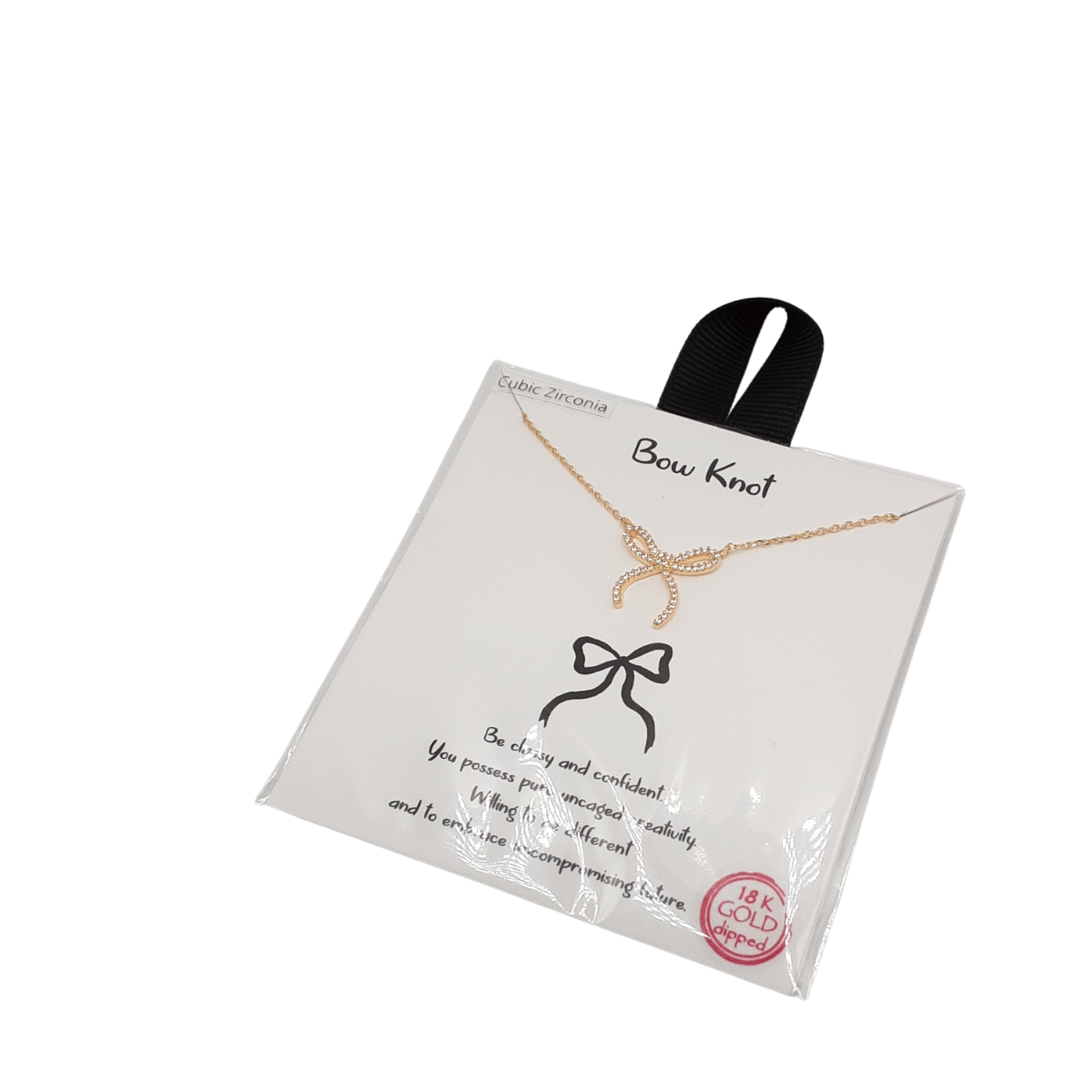 A captivating 16" Bow Necklace from SPECIAL EFFECTS, featuring cubic zirconia embellishments, gracefully displayed on a white card with black ribbon and labeled "18K Gold Plated.