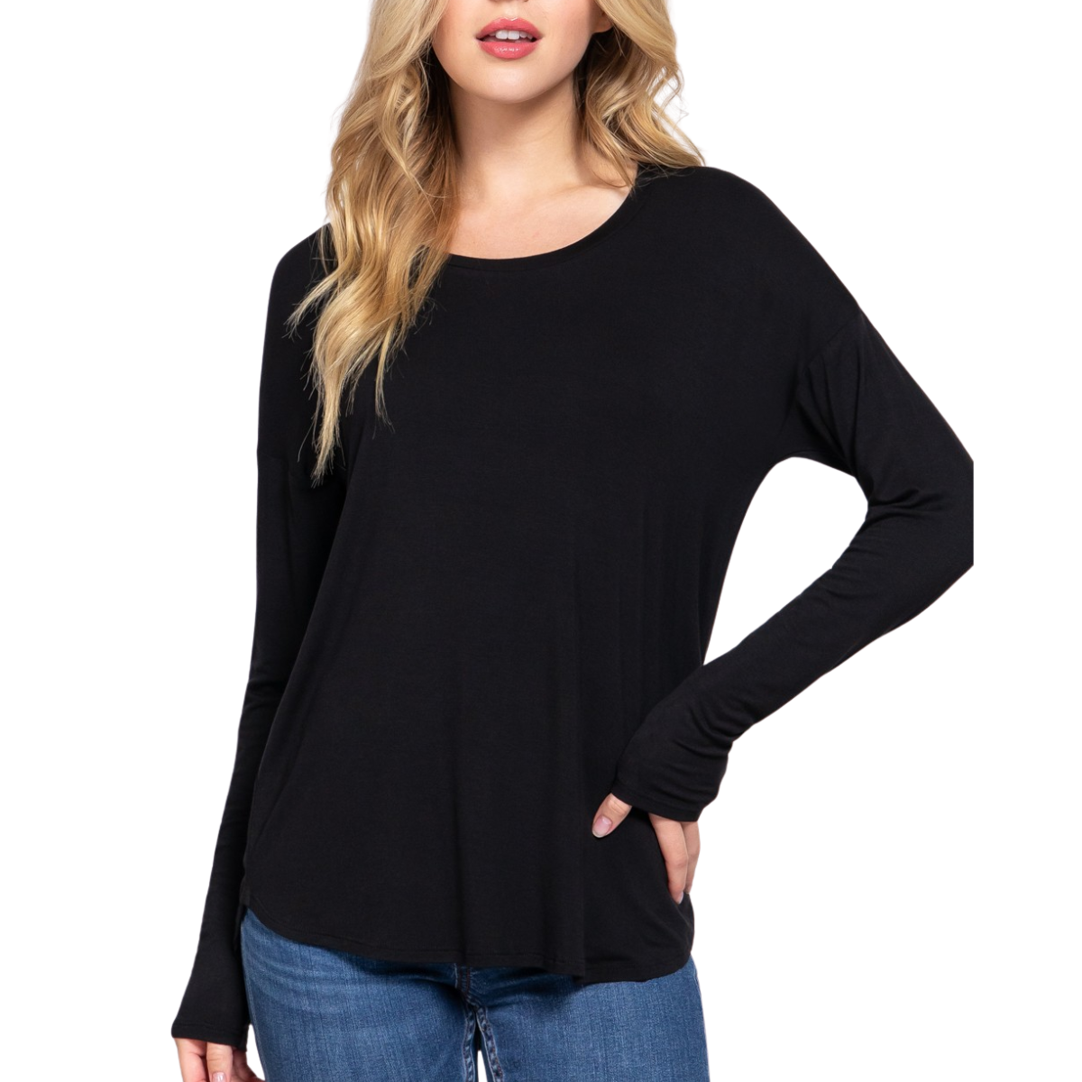 A woman poses against a white background wearing the FASHION GO Long Sleeve Round Neck Rayon Jersey Top and blue jeans, with one hand in her pocket. Main image