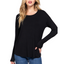 A woman poses against a white background wearing the FASHION GO Long Sleeve Round Neck Rayon Jersey Top and blue jeans, with one hand in her pocket.