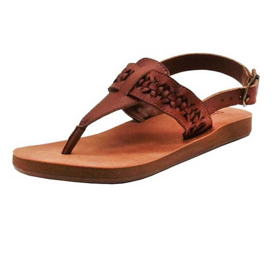 The FLOJOS RENATA TAN by FLOJOS is a brown leather thong sandal featuring woven detailing on the strap and a buckle closure at the back.