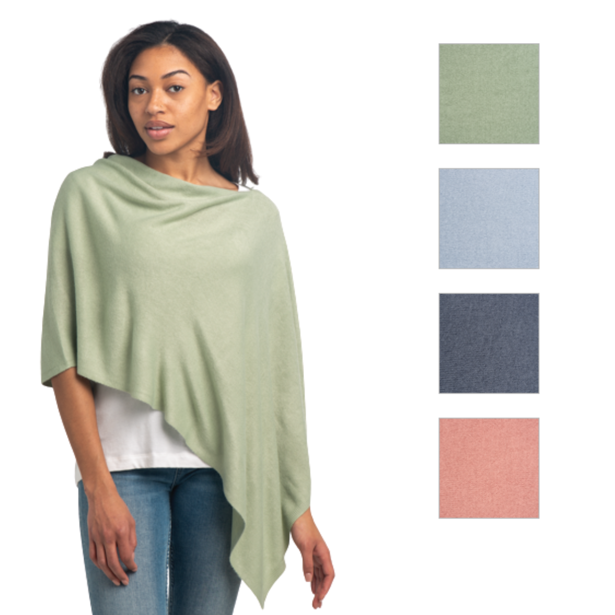 A woman models the Ganz Inc Cape Wrap (Over Head Poncho Style) in light green, with four fabric color swatches—green, light blue, dark gray, and blush pink—shown to the right for this acrylic poncho. Main image