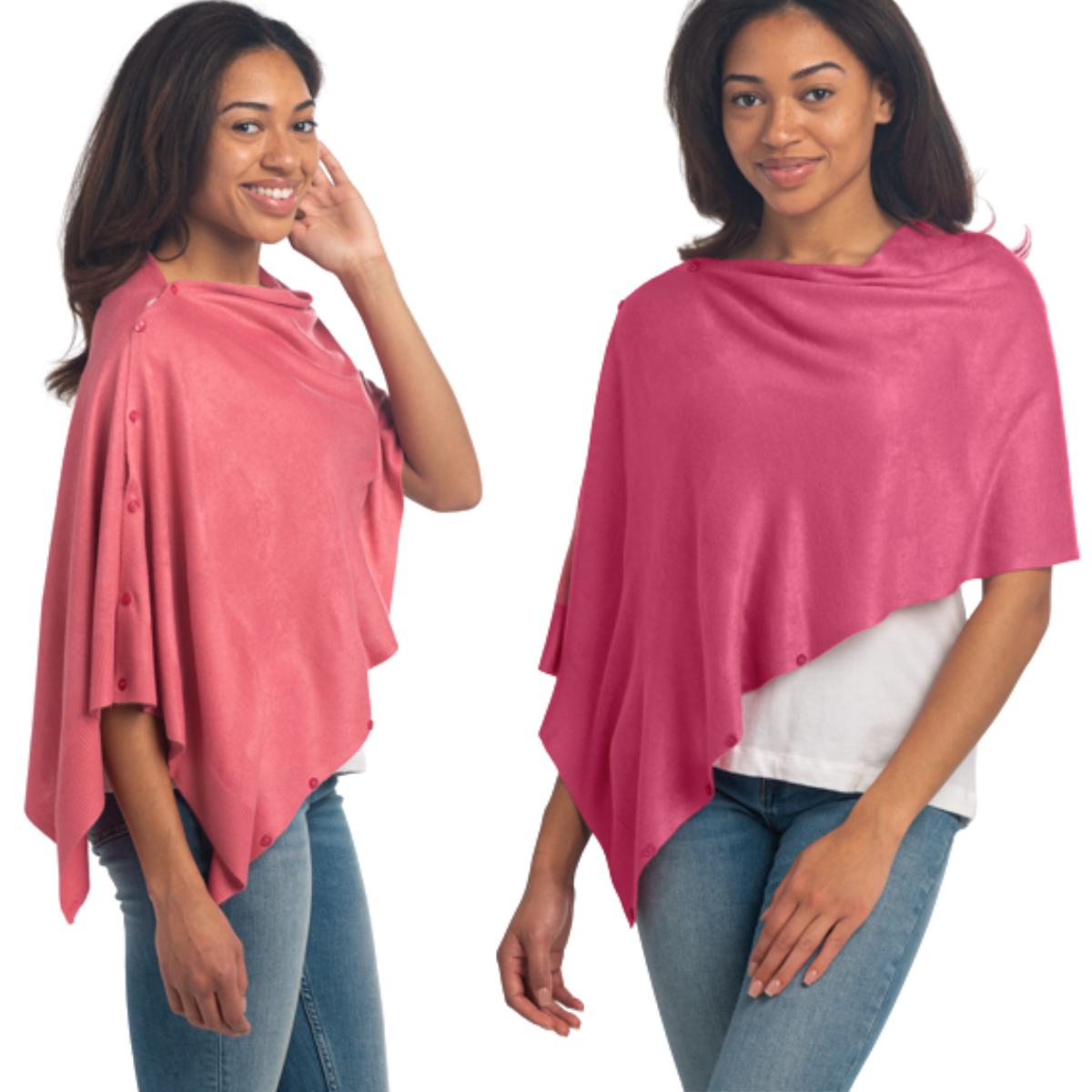 Two views of a woman wearing the ganz Button Wrap in pink, featuring an asymmetrical design with button accents. Styled over a white top and blue jeans, this versatile piece is a travel essential.