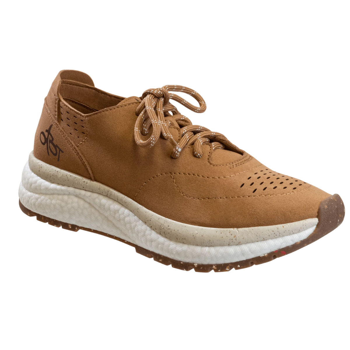 The Free in Camel by OTBT from BLOWFISH is a camel-colored sneaker with light brown laces, a white midsole, and a brown sole. The versatile hue is paired with perforations for breathability and plush cushioning for comfort, topped off with a logo on the heel.