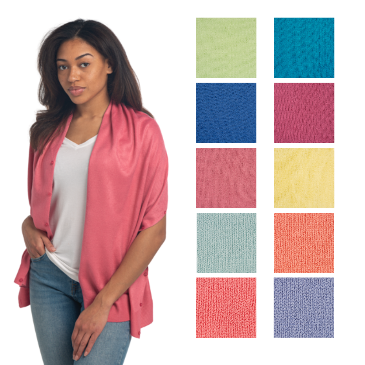 A woman wears the ganz Button Wrap in pink over a white top and jeans. Beside her, ten fabric swatches in different colors display this travel essential’s multiple styling options. Main image