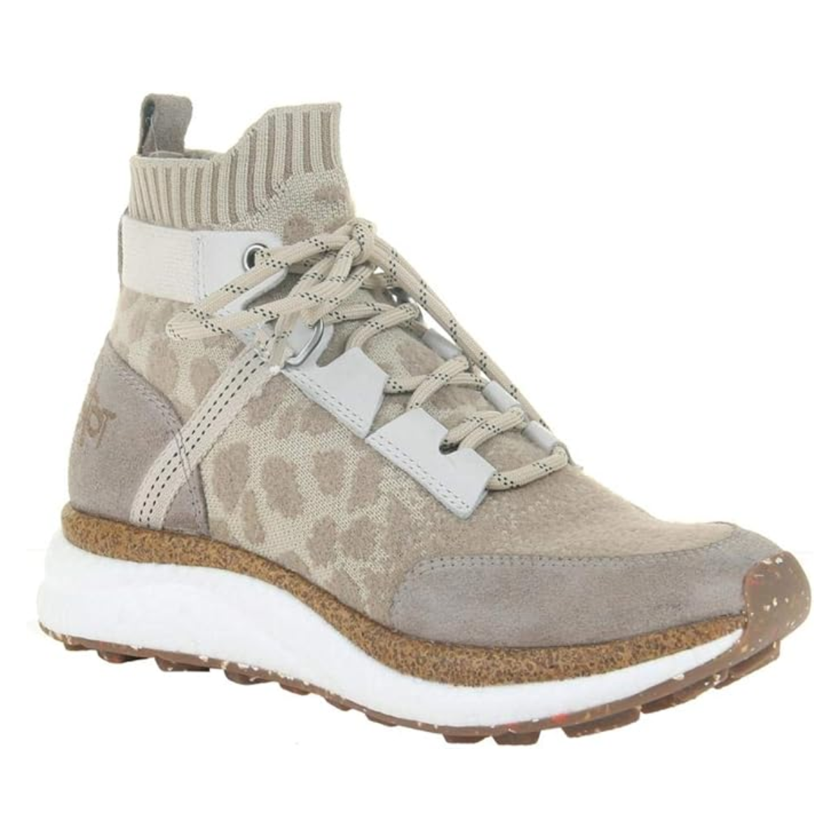 The Hybrid Sneaker in Khaki by OTBT features a beige and gray high-top design with a knit ankle cuff, lace-up front, white midsole, textured gum outsole, and Step Lite foam for cozy vibes.