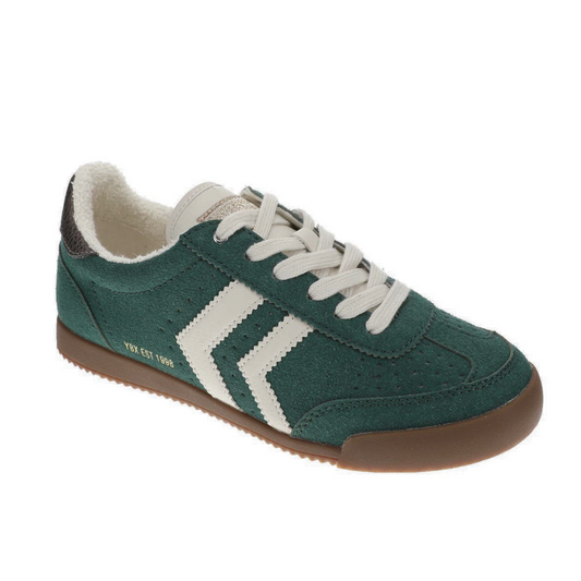The Neevan Sneaker in Forest by Yellow Box features hunter green suede, white stripes and laces, a brown rubber platform sole, and a white heel tab, displayed against a plain background.