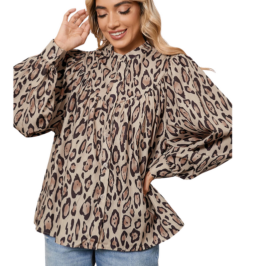 Leopard Print Balloon Sleeve Loose Blouse