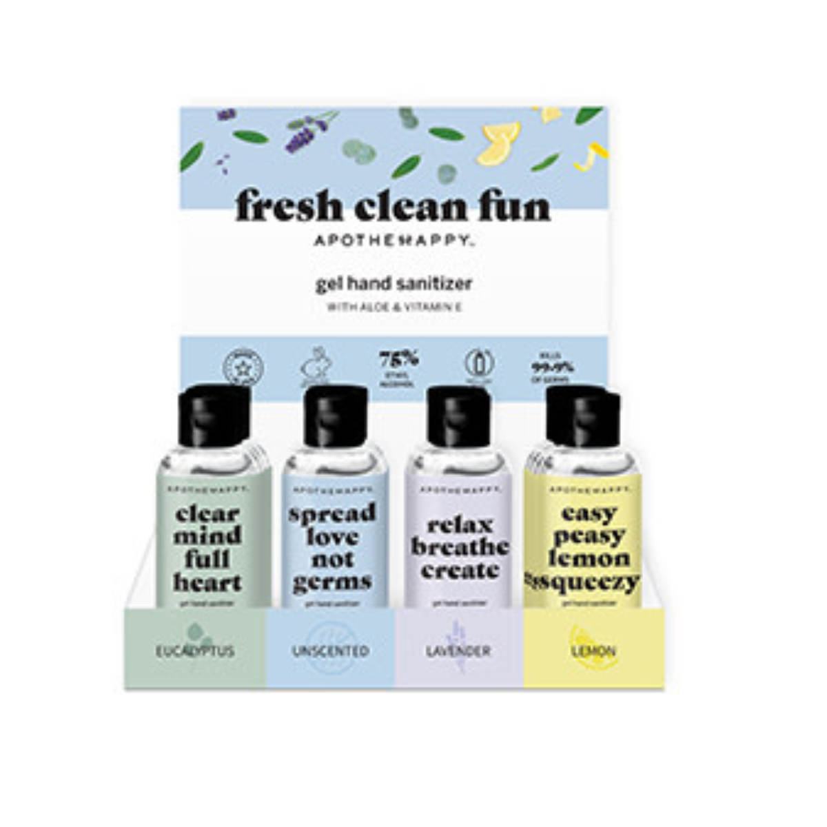 Display of DM Merchandising Inc's DMMERCH Scented Hand Sanitizer Assorted in Eucalyptus, Unscented, Lavender, and Lemon. Packaging features "Fresh Clean Fun" with aloe and vitamin E.