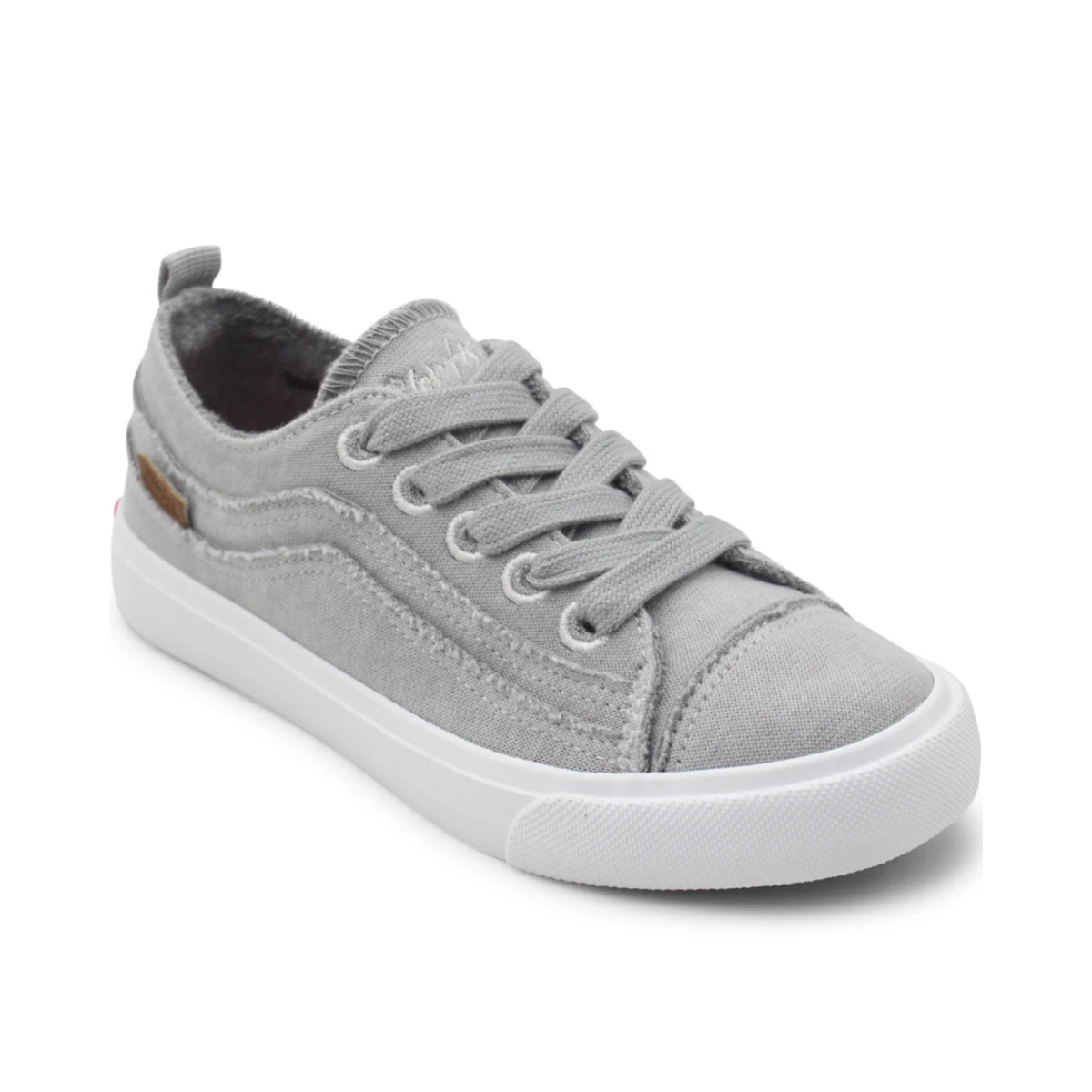 The Metro Jersey Kids Blowfish Tennis Shoes by BLOWFISH feature a gray jersey upper, white rubber sole, gray laces, and stitched detailing, shown from a front-side angle; stylish canvas sneakers for kids. Main image