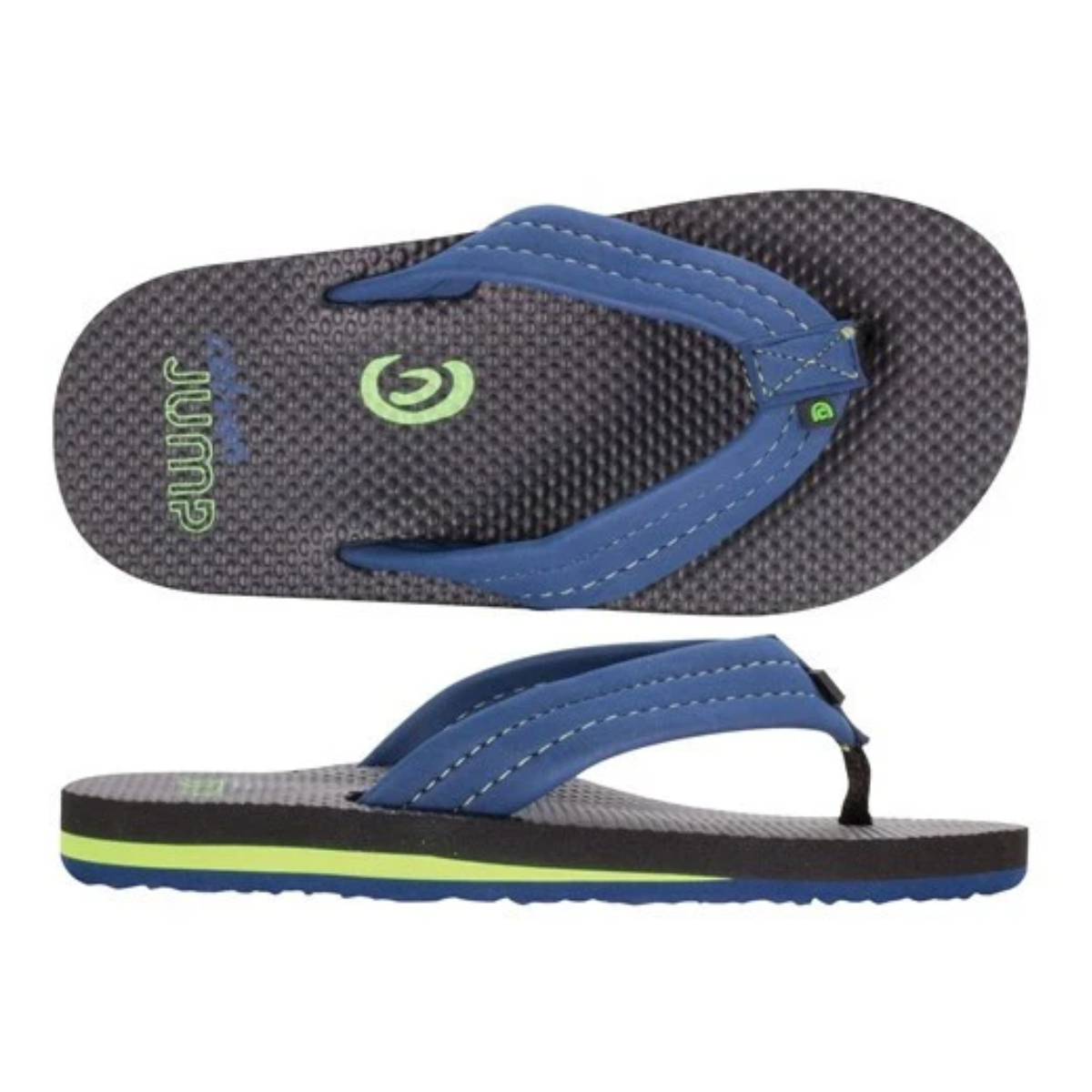 The COBIAN kids aqua sandals, shown in blue and black with green accents, feature a textured footbed, arch support, white-stitched straps, and are displayed from top and side views. Main image