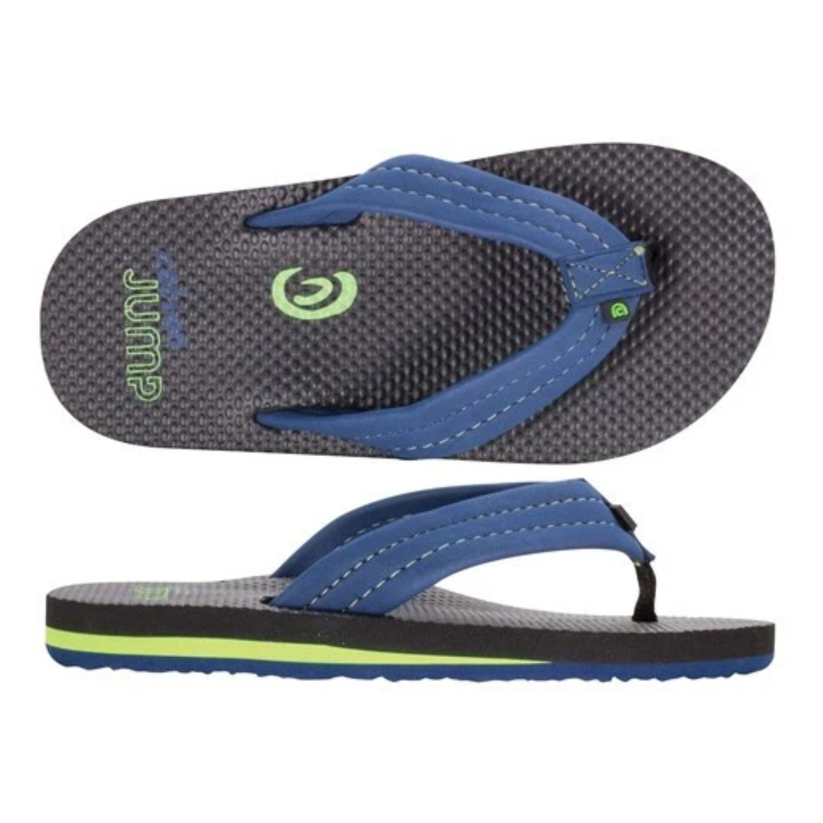 Kids Aqua Jump flip flop in blue by COBIAN, featuring a water-friendly design with green accents, shown from top and side views for adventurous outings.