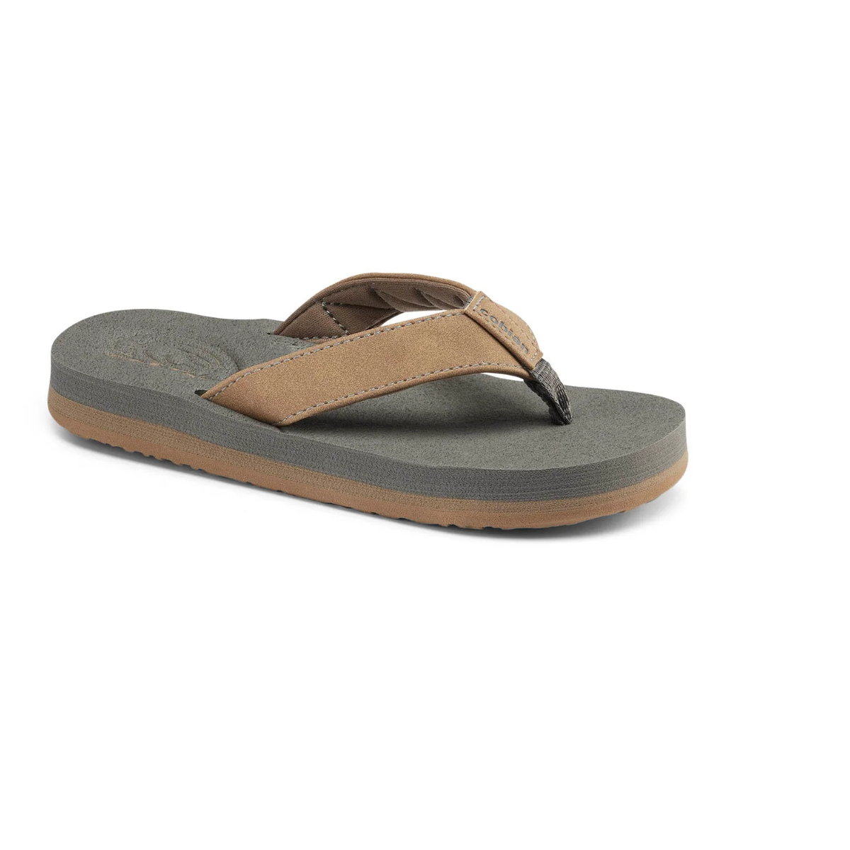 A single Kids Floater Jr flip flop in tan by COBIAN, featuring a thick sole, wide strap, and built-in arch support, displayed on a white background. Main image