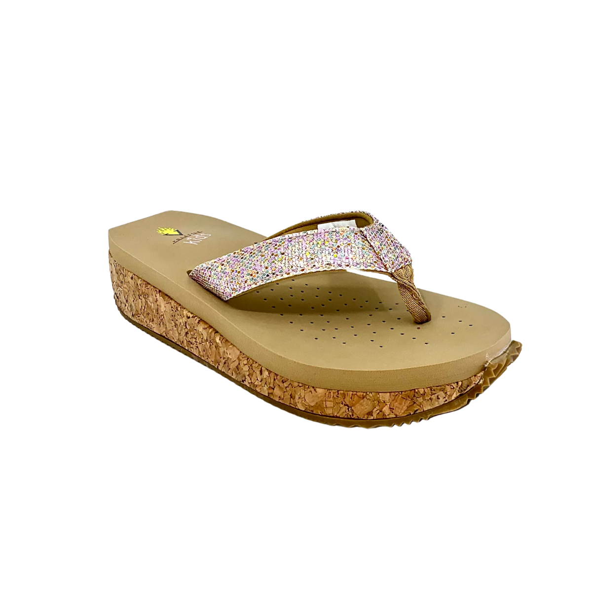 The Kids High Five Volatile flip flops in Mermaid Natural by Volatile - Rosenthal & Rosenthal feature a cork sole, beige footbed, multicolored glitter straps, and an ultra comfort EVA insole.