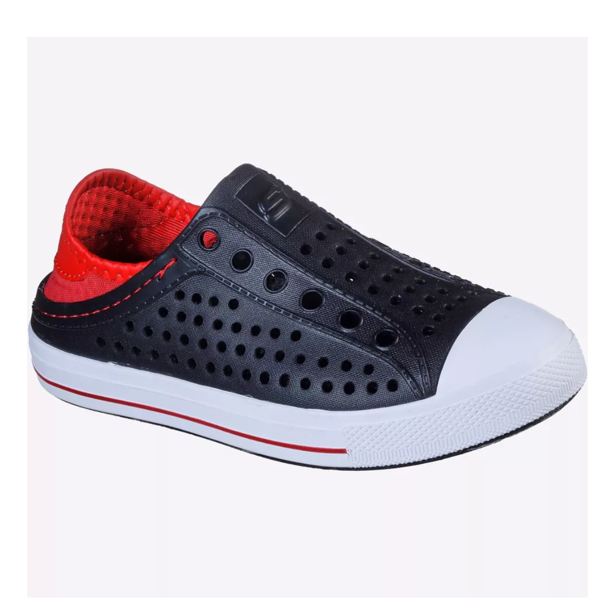 The Guzman Kids Shoes in Black by Skechers, from SKECHERS USA INC, have a breathable mesh upper and Air-Cooled Memory Foam, featuring a stylish red interior, white toe cap, and ventilation holes for comfort as a slip-on.
