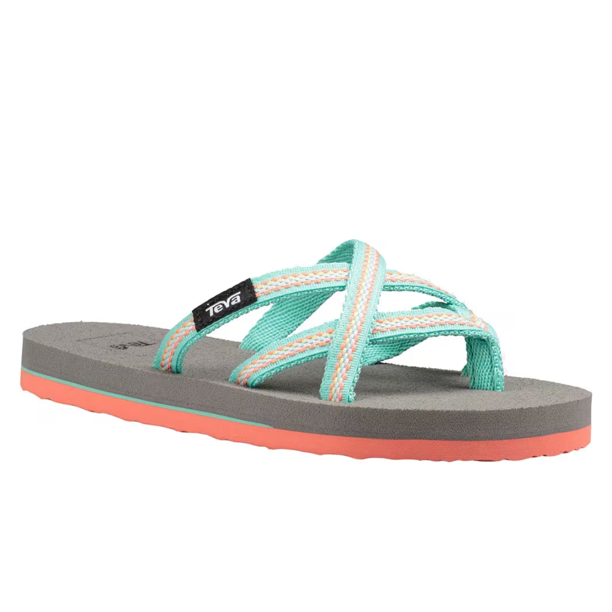 The Kids Teva Olowahu Flip Flops in Sea Glass Coral by TEVA have crisscross straps in teal and coral, accented with a black TEVA logo on a thick gray sole.