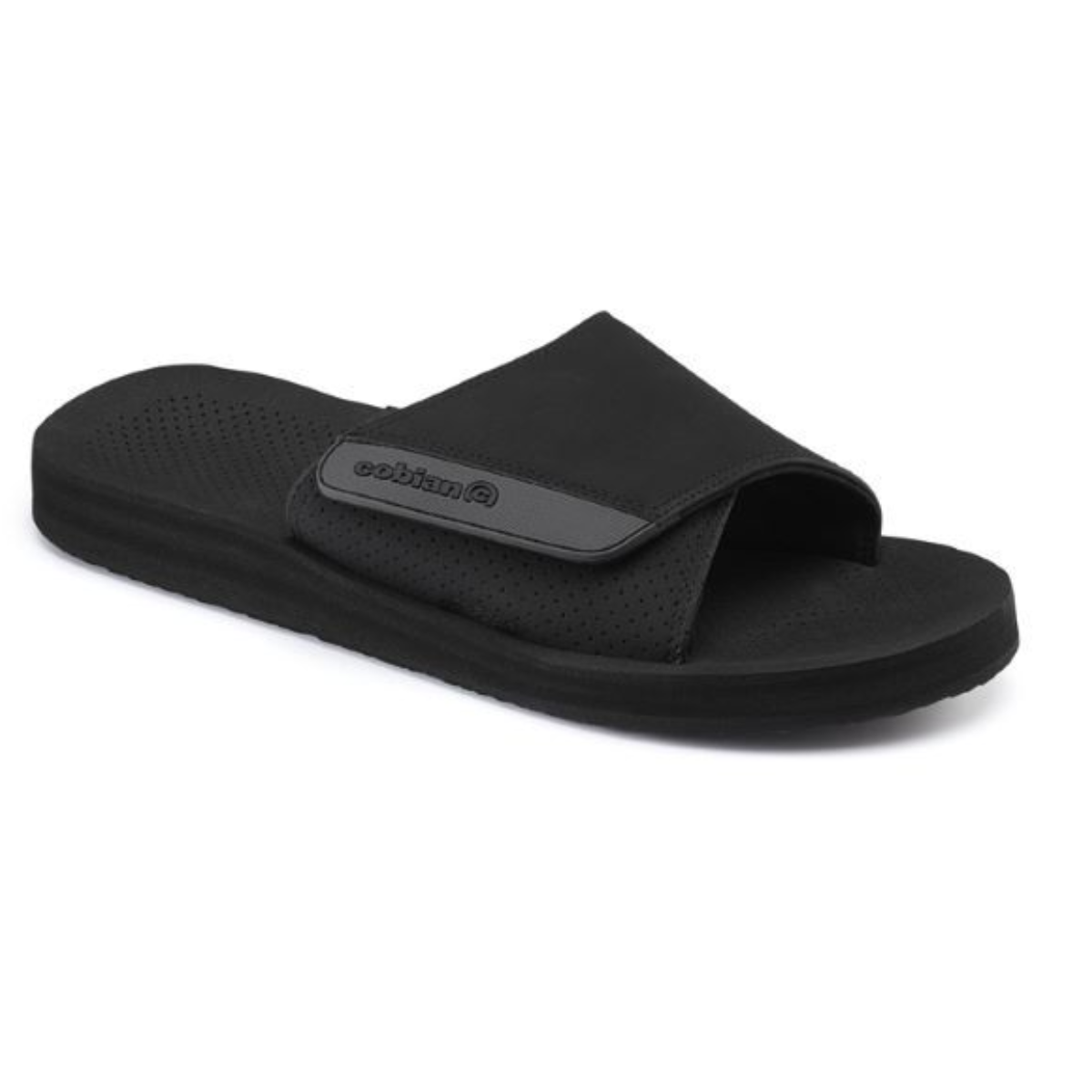 The Kids Arv2 Jr Kids Slides in Black by COBIAN offer all-day comfort with a perforated strap, flat sole, lightweight arch support, and the COBIAN brand name on the side. Perfect black slides for kids. Main image