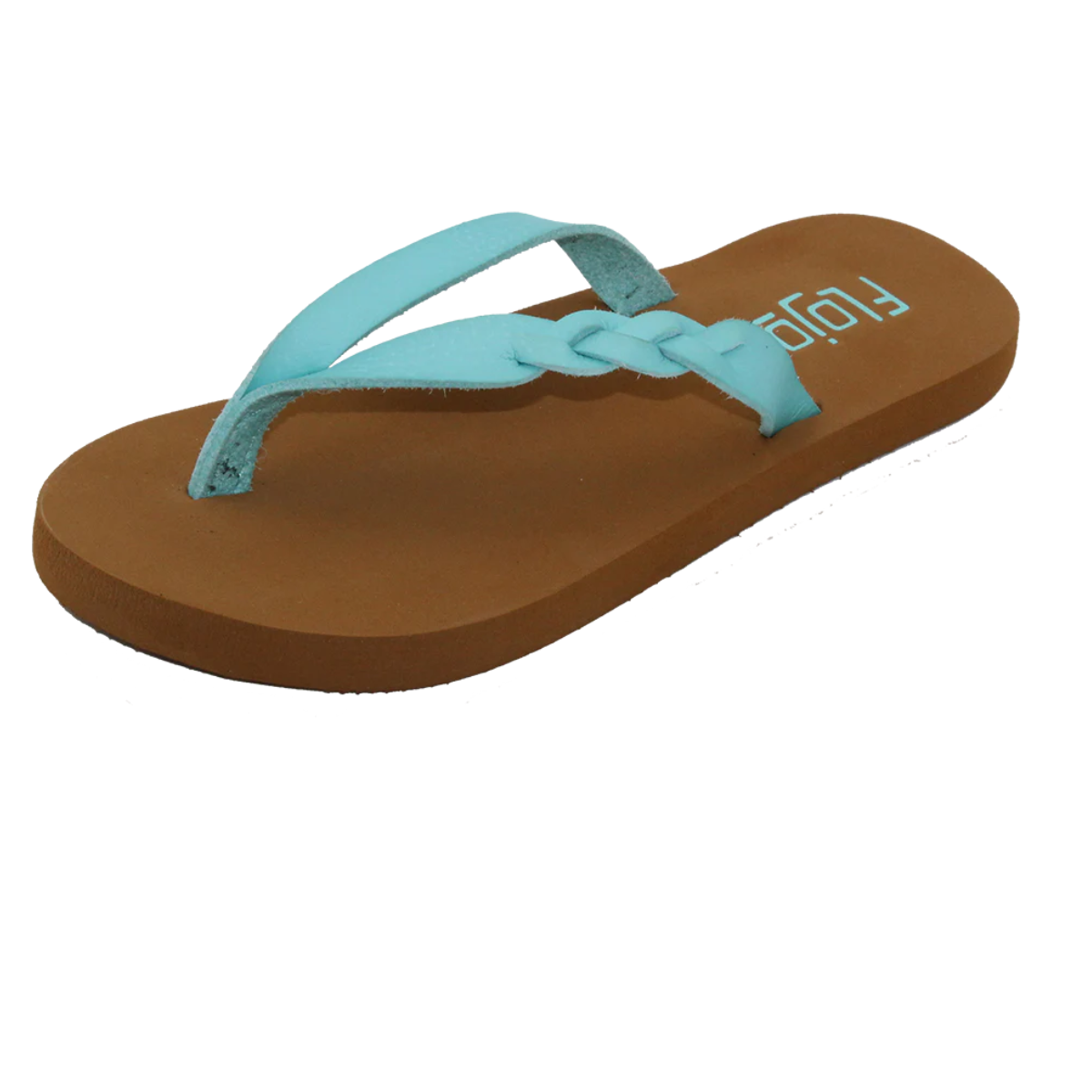 The Kids Serenity Flip Flops in Aqua by FLOJOS features a cushioned footbed and a braided light blue strap, viewed at an angle. Main image