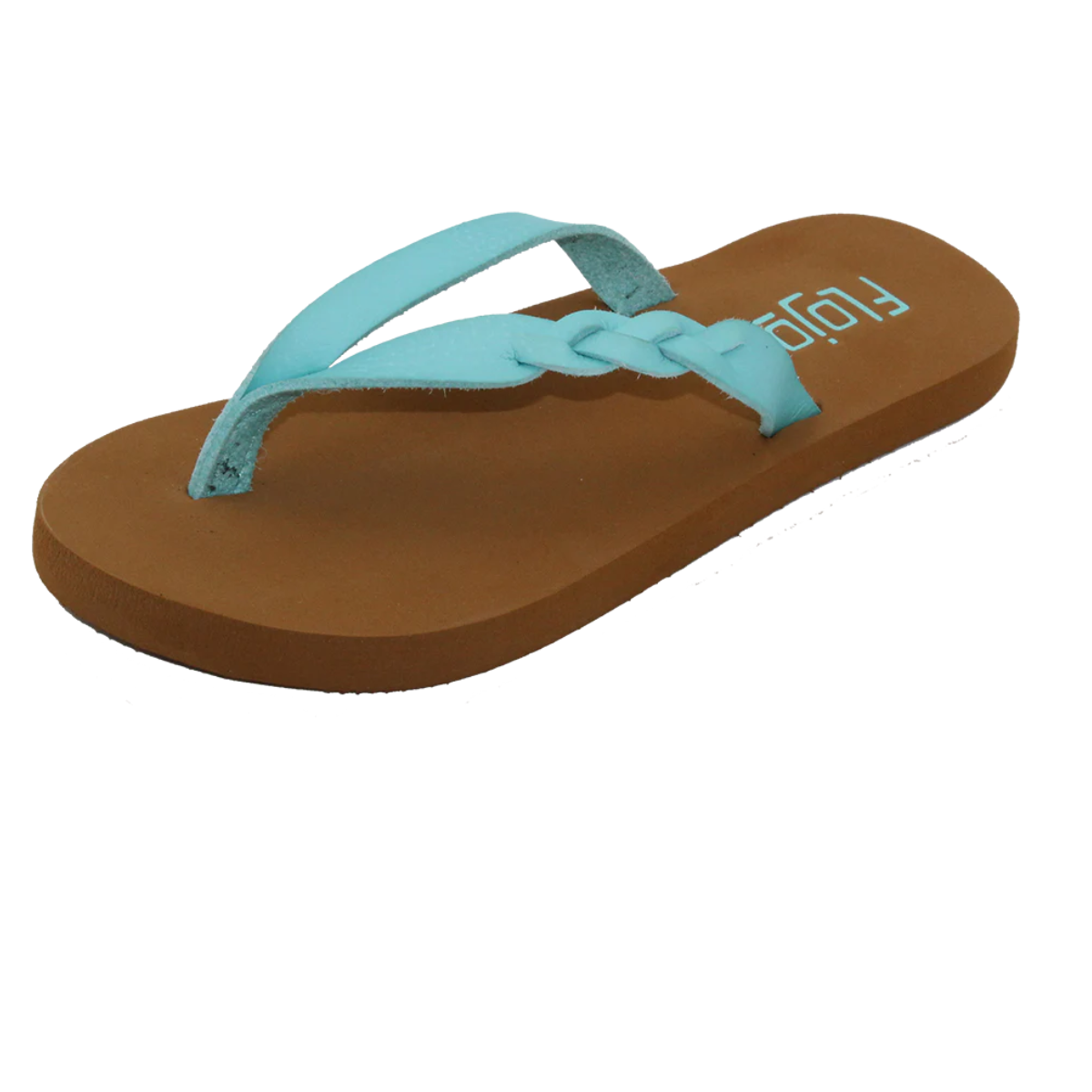 The Kids Serenity Flip Flops in Aqua by FLOJOS features a cushioned footbed and a braided light blue strap, viewed at an angle.