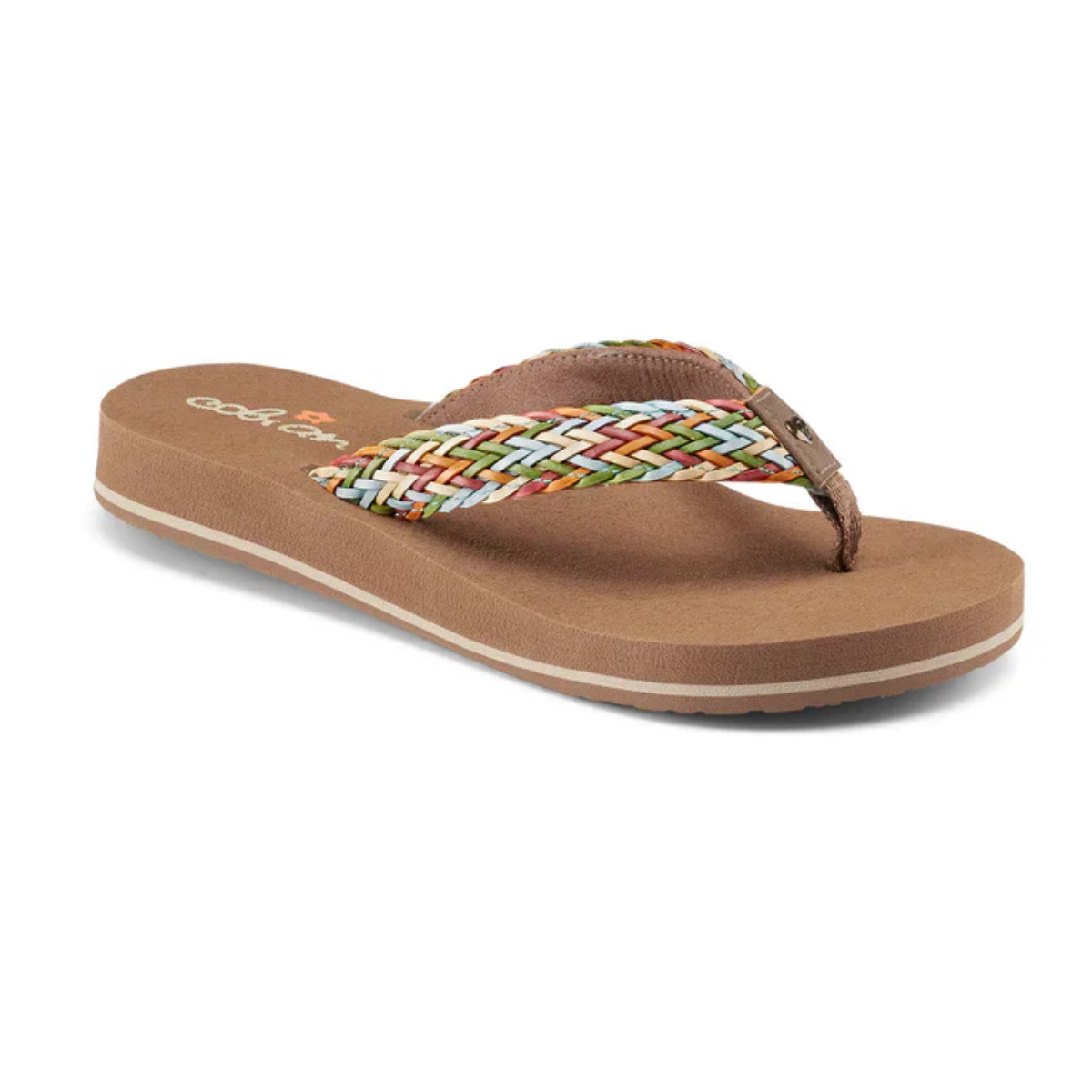 The Kids Lillalati Flip Flops in Multi by Cobian feature a brown design with multicolored braided straps and a slightly elevated, squishy foam sole—ideal summer wear from COBIAN. Main image