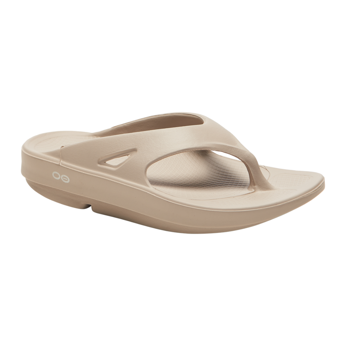 The Oofos OOriginal flip flop in Nomad by OOFOS LLC offers ultimate comfort with its beige rubber design, featuring OOfoam recovery technology, a thick sole, and supportive toe strap. Main image