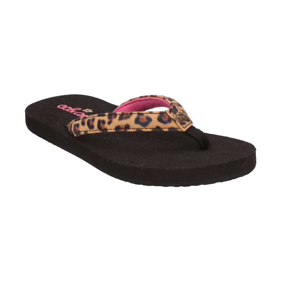 The Cobian Lil Fiesta Kids Flip Flops in Leopard offer summertime comfort with a black design, featuring a leopard print strap and bold pink branding on the footbed, plus added arch support for every sunny step. Main image