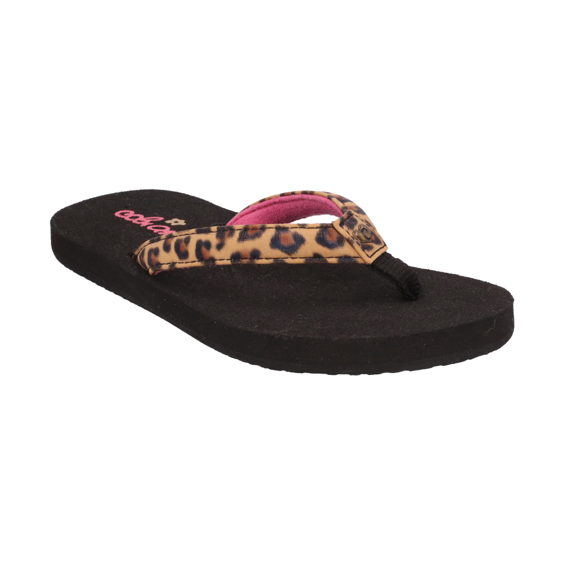 The Cobian Lil Fiesta Kids Flip Flops in Leopard offer summertime comfort with a black design, featuring a leopard print strap and bold pink branding on the footbed, plus added arch support for every sunny step.