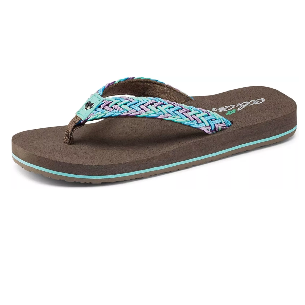 The COBIAN Lil Lalati Kids Flip Flops in Aqua boast a brown flip-flop with a colorful braided strap, light blue edge detail, and a squishy EVA footbed for extra comfort.