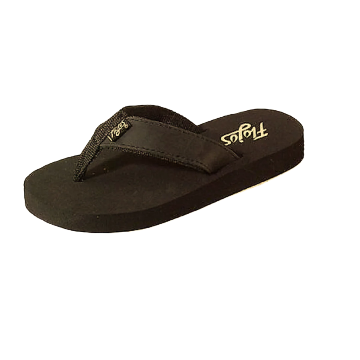 Kids brown leather flip flops by Flojos, featuring fabric straps and a comfy EVA sole with a slightly elevated design. The white "Flojos" logo is prominently displayed on the insole, adding a stylish touch. Main image