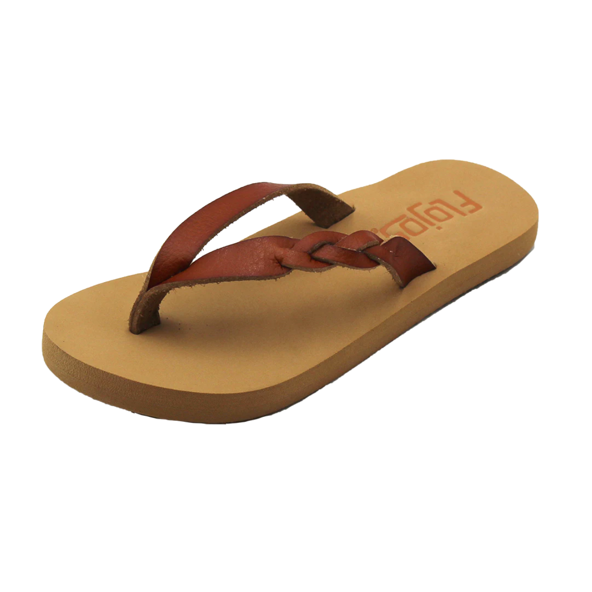 The FLOJOS Kids Flojos Serenity flip flops in Natural Tan feature a flat sole, cushioned footbed, and braided brown leather strap. Shown individually on a white background. Main image
