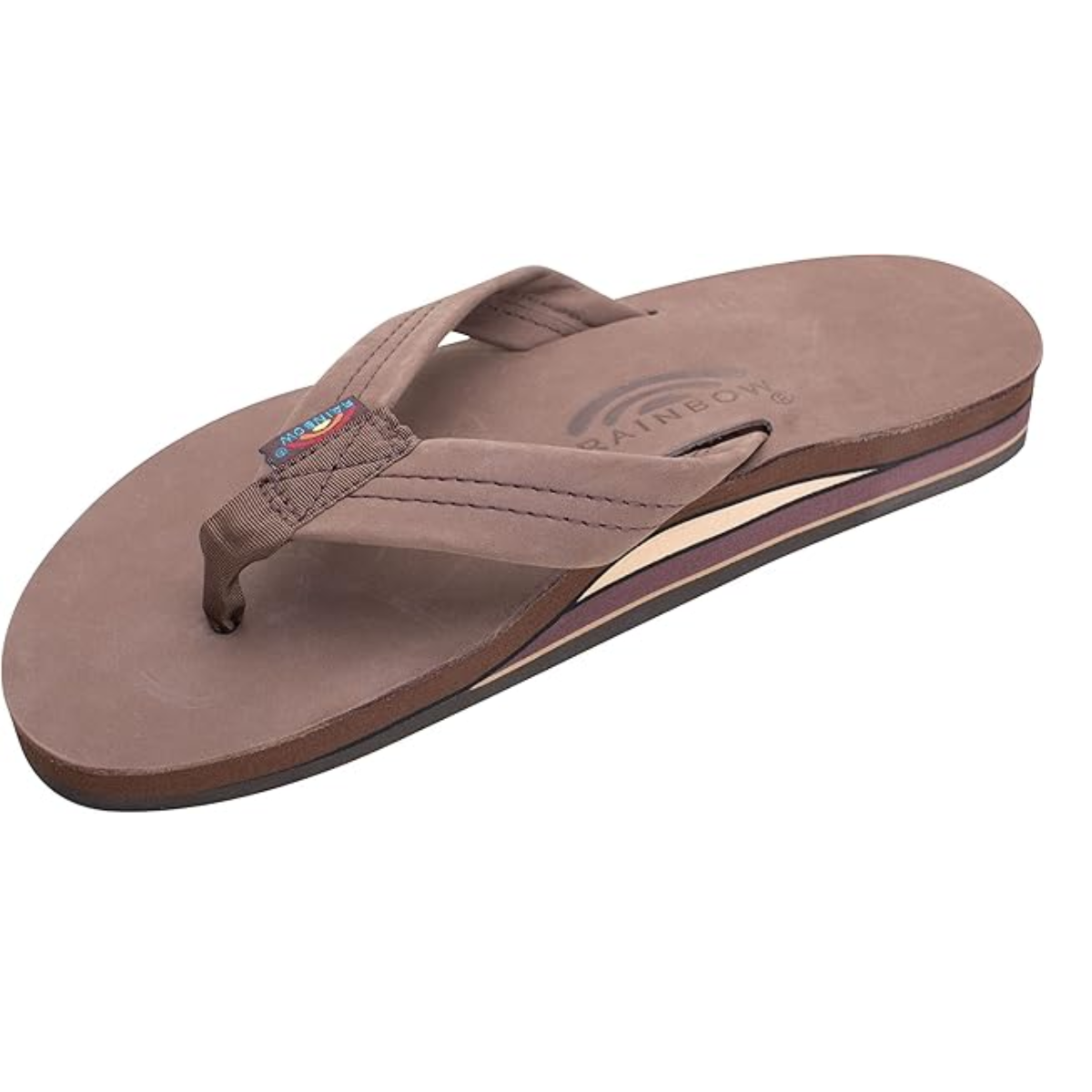 The RAINBOW SANDALS RAINBOW EXPRSSO WMS WID STRP is a brown flip-flop with a double-stitched leather wide strap, layered sole, and small logo on the strap.