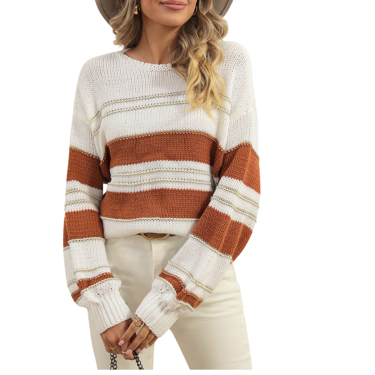 A person showcases an oversized style with a Shewin Stripe Print Knit Puff Sleeve Sweater, complemented by beige pants and a wide-brimmed hat, ideal for everyday wear.