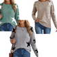 Three women model Shewin's Star Pattern Drop Shoulder Knit Sweaters made from cozy rib-knit fabric: one in green with white stars, another in beige with white stars, and the last in gray with black stars, each perfectly paired with blue jeans.