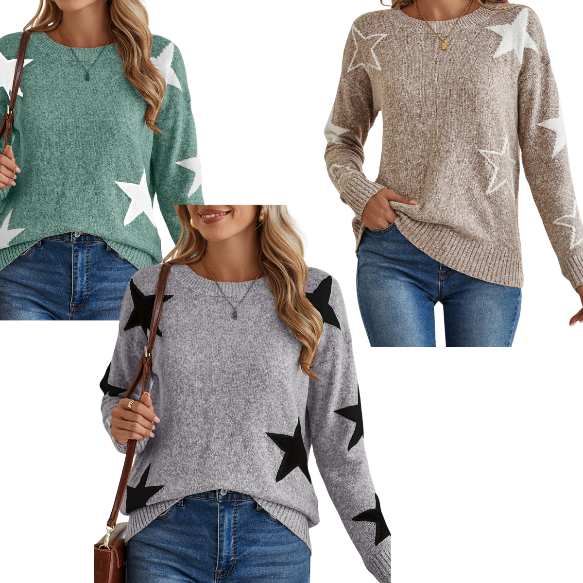 Three women model Shewin's Star Pattern Drop Shoulder Knit Sweaters made from cozy rib-knit fabric: one in green with white stars, another in beige with white stars, and the last in gray with black stars, each perfectly paired with blue jeans.