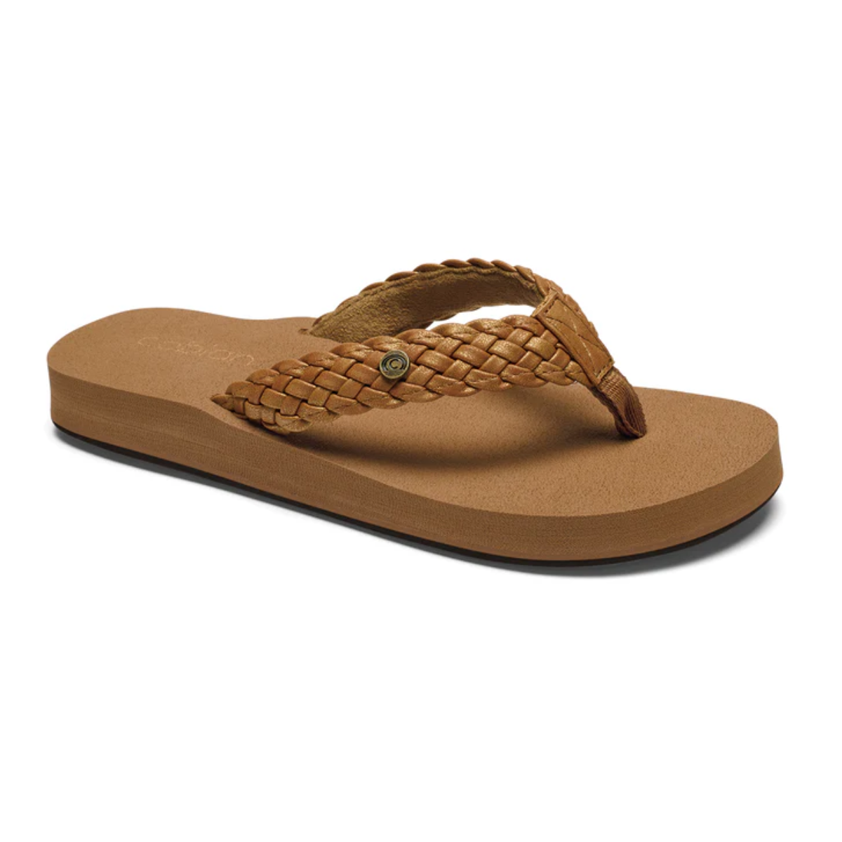 The Chestnut Braided Bounce Flip Flops by COBIAN feature a braided strap and flat sole, displayed at a slight angle. Main image