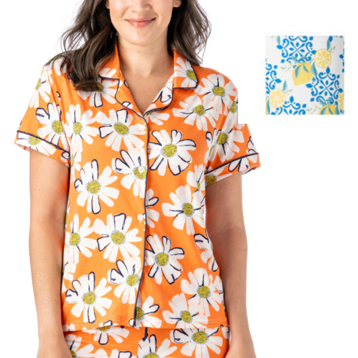 A person in the relaxed-fit Hello Mello Lounge Top Spring Edition by DM MERCHANDISING INC smiles in ultra-soft comfort. An inset square image features a blue and yellow lemon pattern made from stretchy fabric for extra ease. Main image
