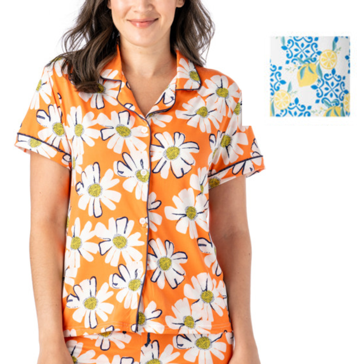 A person in the relaxed-fit Hello Mello Lounge Top Spring Edition by DM MERCHANDISING INC smiles in ultra-soft comfort. An inset square image features a blue and yellow lemon pattern made from stretchy fabric for extra ease.