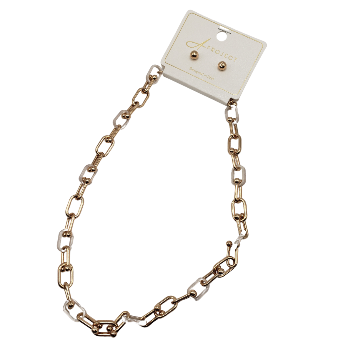The SPECIAL EFFECTS Gucci Link 18 inch Necklace and matching stud earrings on white backing evoke a Gucci look. Displayed on a plain white background, this gold-tone chain necklace exudes timeless elegance. Main image