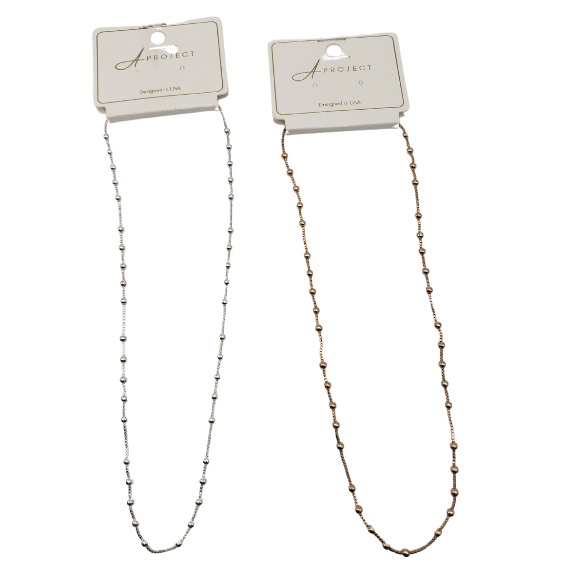 Two SPECIAL EFFECTS 16-inch Small Bead Station Necklaces on display cards: one gold-toned and one silver-toned, both showcasing small beads along the chain. Main image