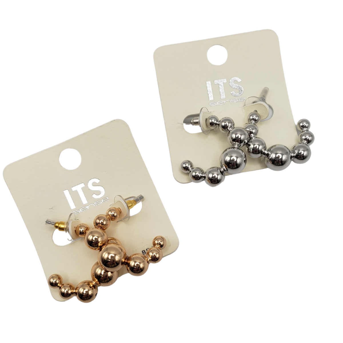 Two sets of elegant graduated bead hoop earrings by SPECIAL EFFECTS, available in gold-tone and silver-tone, perfectly complement any fashion jewelry collection. Main image