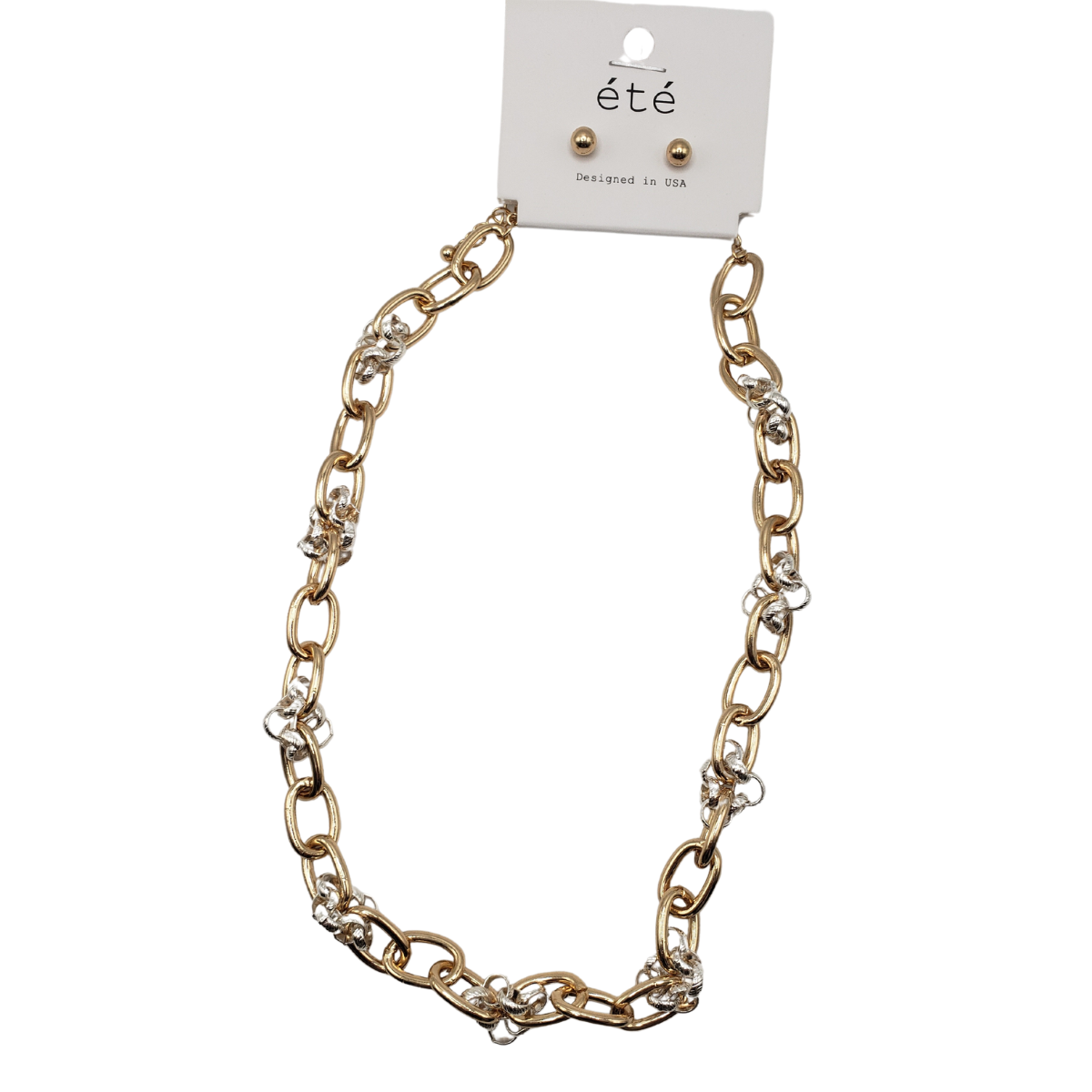 The SPECIAL EFFECTS Oval Chain 18-inch Necklace features a chunky gold-tone chain with elegant silver accents, complemented by matching stud earrings on a display card. Main image